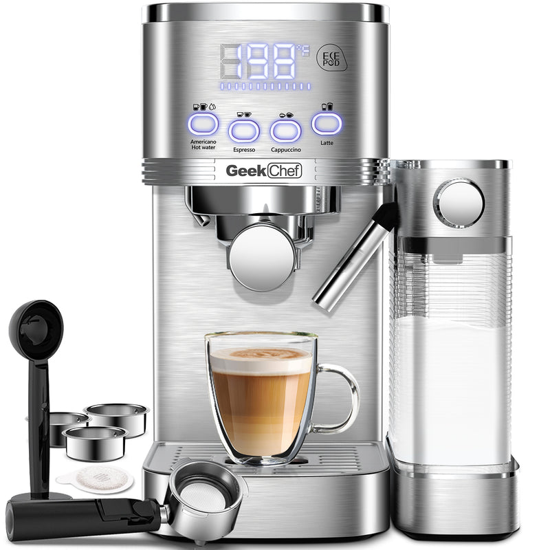 Italian Semi-Automatic Espresso Machine | Small Stainless Steel Coffee Maker with Milk Frother
