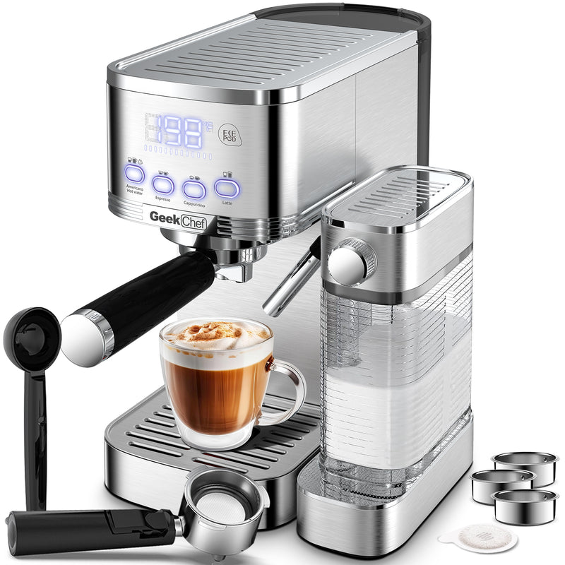 Italian Semi-Automatic Espresso Machine | Small Stainless Steel Coffee Maker with Milk Frother