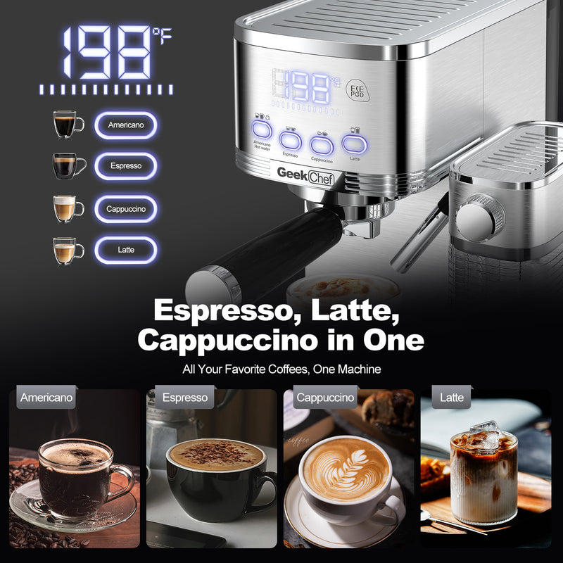 Italian Semi-Automatic Espresso Machine | Small Stainless Steel Coffee Maker with Milk Frother