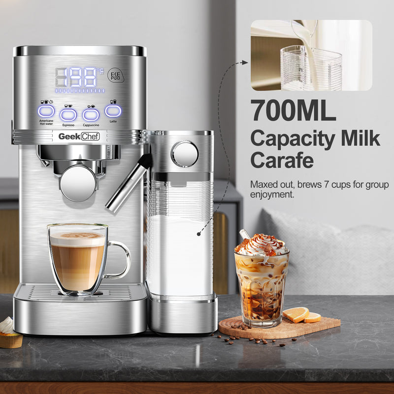 Italian Semi-Automatic Espresso Machine | Small Stainless Steel Coffee Maker with Milk Frother