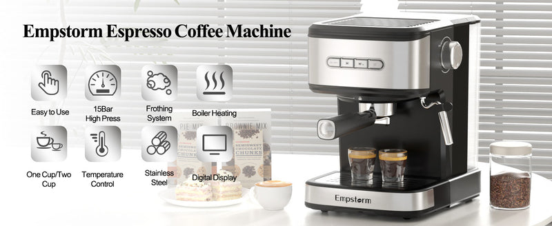 Empstorm 01E 20-Bar Semi-Automatic Espresso Machine with Milk Frother & Steam Wand for Lattes, Cappuccinos, and Home Barista Coffee