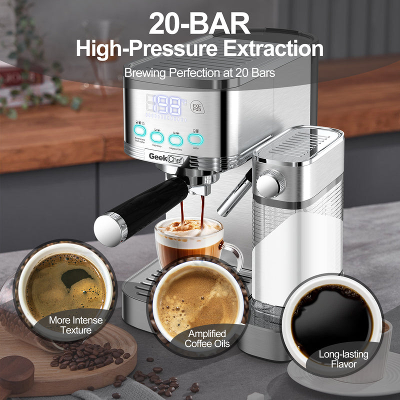 Italian Semi-Automatic Espresso Machine | Small Stainless Steel Coffee Maker with Milk Frother